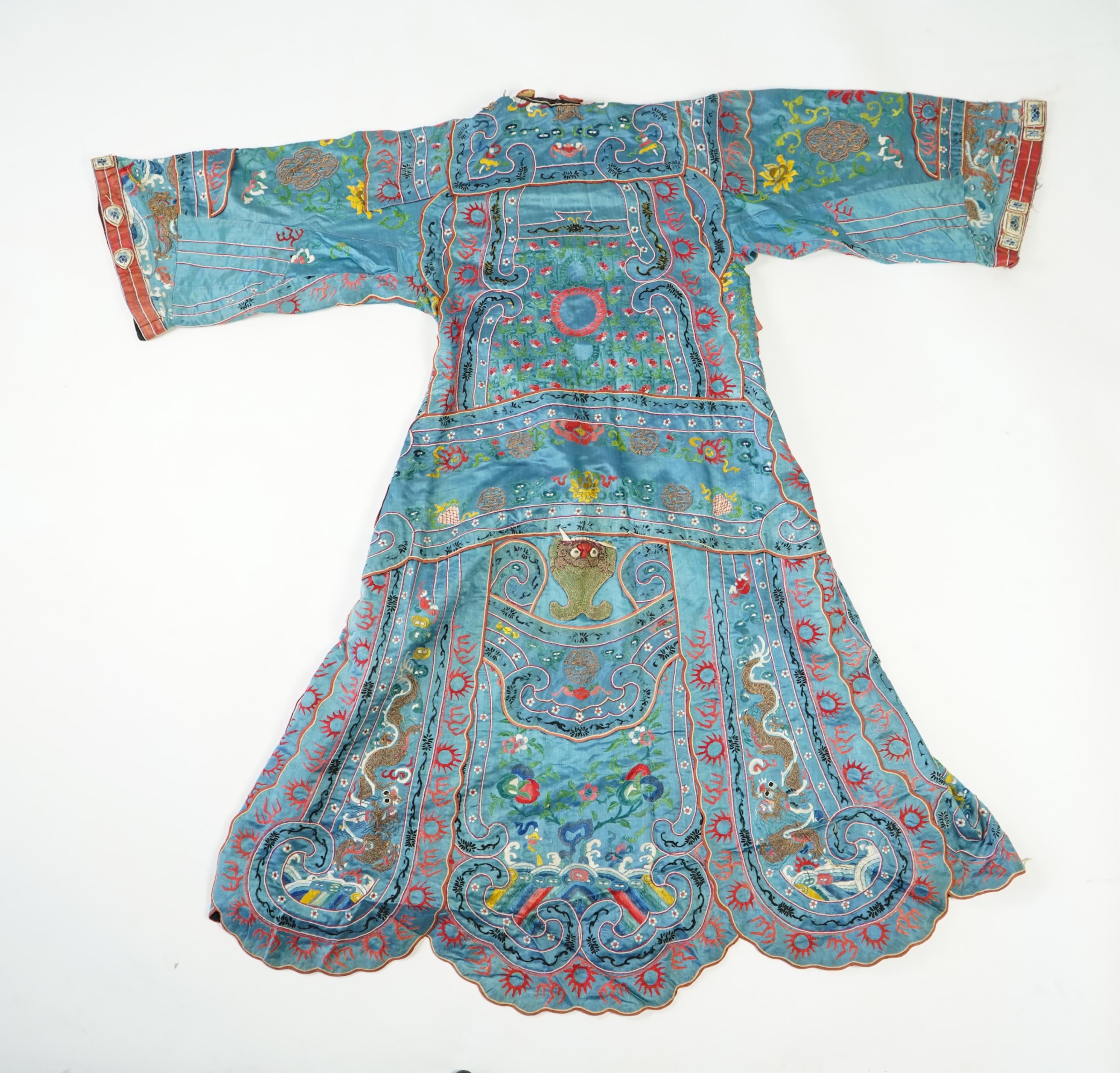 An unusual late 19th early 20th century Chinese silk embroidered robe, made for the tiger role, Jing, who symbolises power, bravery, protection and royalty. A character often used in Chinese opera, theatre and performing